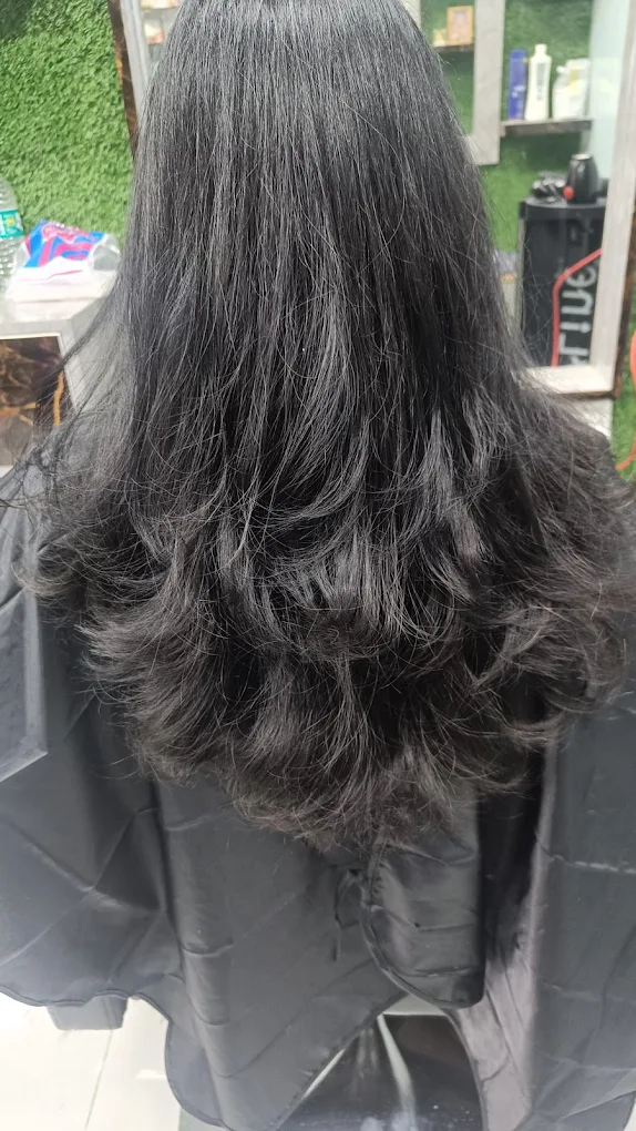 Hair styling result photographed in salon